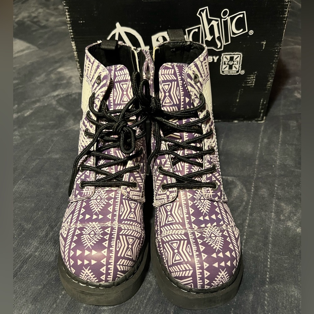 T.U.K Anarchic Purple Aztec Style Skull Combat Boots - Picture 2 of 8